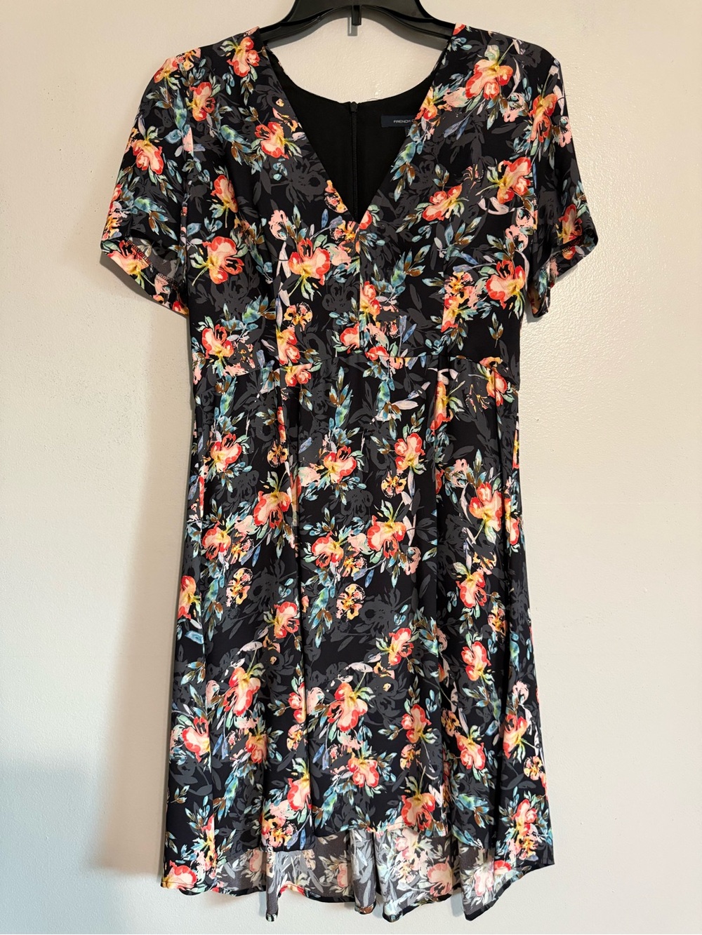 French Connection Black Floral V-Neck Midi Dress